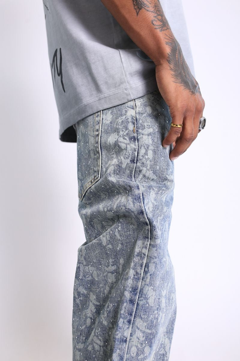 Elements of Art "Angel" Rhinestone Relaxed Pants Light Indigo